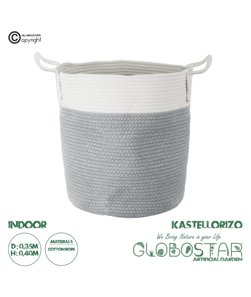 GloboStar® Artificial Garden KASTELLORIZO 20198 Διακοσμητικό Πλεκτό Καλάθι - Κασπώ Γλάστρα - Flower Pot  Γκρι με Λευκό Π35cm x Υ40cm